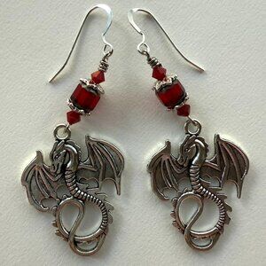 Handmade Earring Set Sterling Silver Dragon Charm & Bloodstone Blown Glass Facet